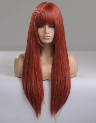 Perruque Synthétique Longue Rouge Lisse - Frange, Bonnet Moyen, +4 Bonnets Offerts, Neuf