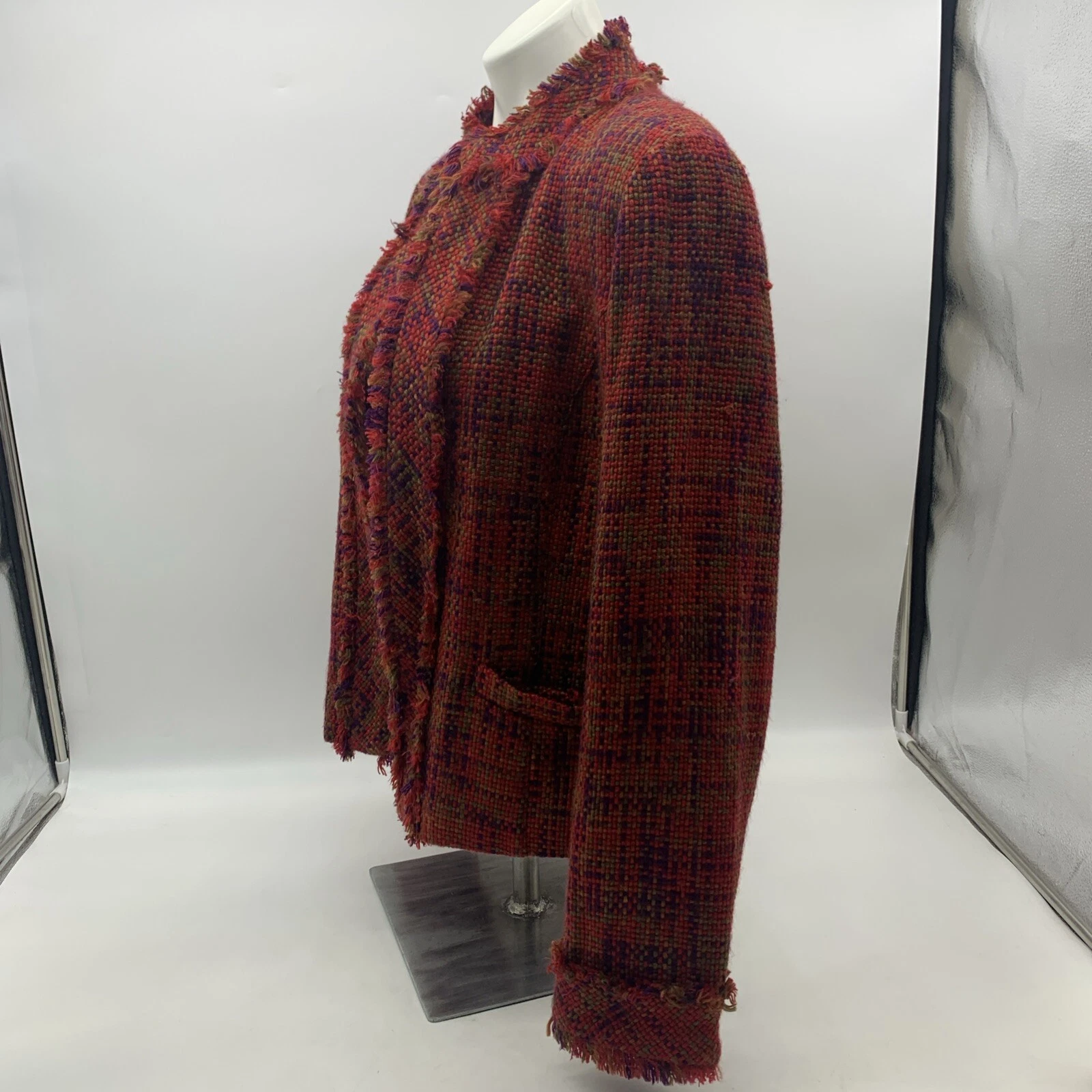 CHANEL Giacca blazer Coldwa Creek tweed donna M ritagliata aperta foderata davanti frange