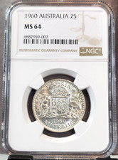 1960 AUSTRALIA SILVER 2 SHILLINGS 1 FLORIN KANGAROO & EMU NGC MS 64 BEAUTIFUL BU