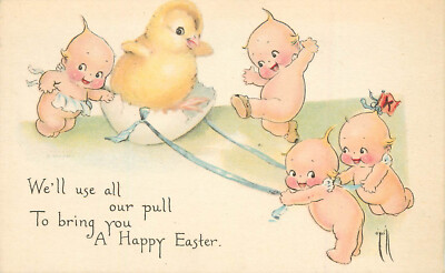 Gibson Art Postcard Rose O'Neill S/A Kewpies Pull Chick In Egg Cart For Easter