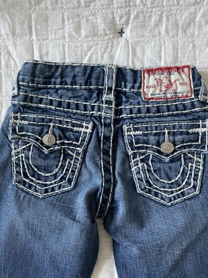True Religion Girls Size 5 Bootcut Blue Jeans White Sitching Logo