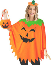 3 PCS Pumpkin Costume for Women,Halloween Pumpkin Poncho for Adults,Halloween Co