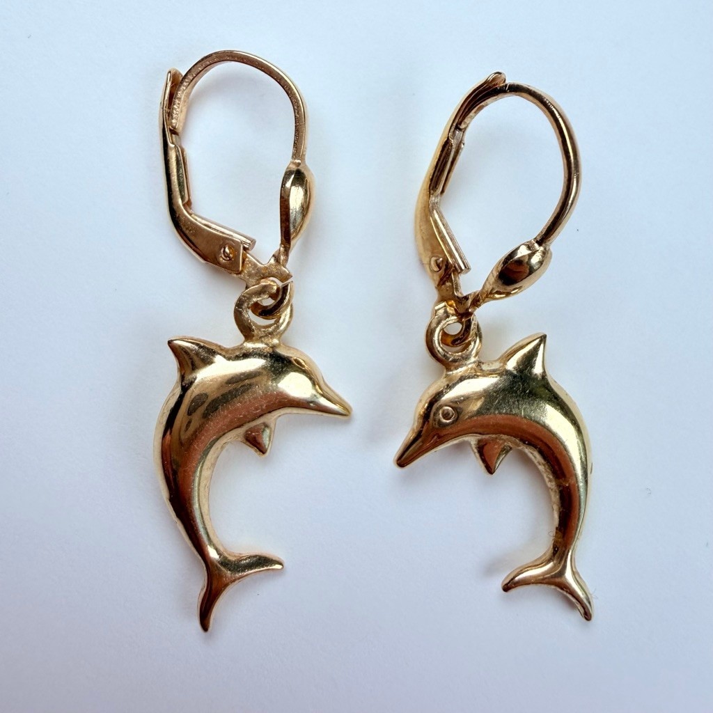 14K Solid Yellow Gold Jumping Dolphin Leverback 1… - image 3