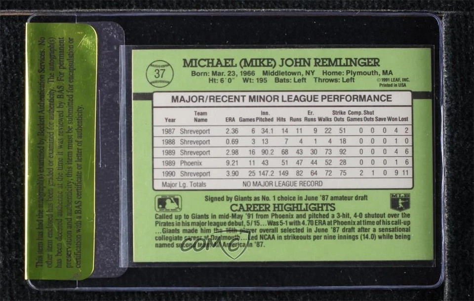 BAS 1991 Donruss The Rookies Mike Remlinger #37 Beckett Auth Sticker Auto - Image 2 of 2