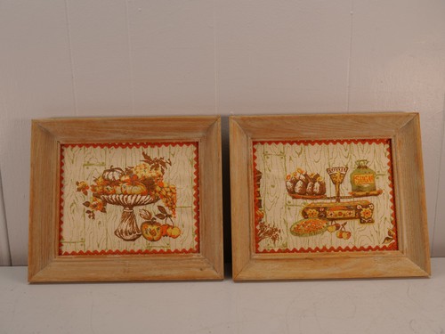 Vtg 70s Puffy 3D Set of 2 Kitchen Kitsch Retro Wall Art Decor 13x11 Framed