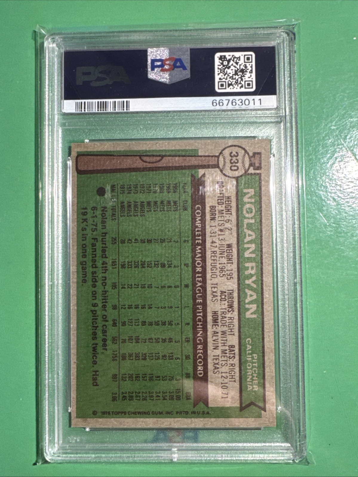 1976 Topps - Nolan Ryan #330 - California Angels - PSA 6 EX-MT HOF view 3