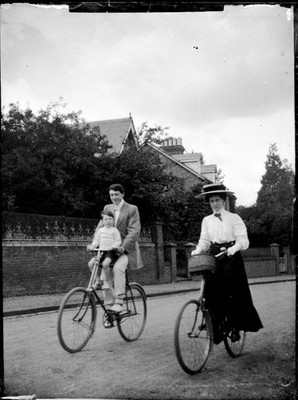 Man and Woman with Girl on Bicycle Glass Negative Circa 1915