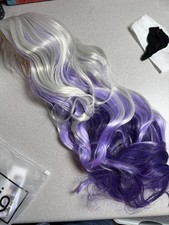 Long Curly Wavy Silver Grey to Purple Wig Natural Look Synthetic Costume Party