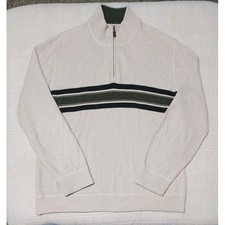 Eddie Bauer Sweater Men XXL Ivory Mock Neck Quarter 1/4 Zip block Striped Y2K