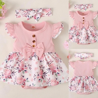 Neugeborenes Baby Mädchen Blumen Strampler Sommer Trainingsanzug Stirnband Suit