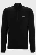 Image of BOSS Jumper Mens Black Quarter Zip Knitwear With Logo - Ever-X Size XL