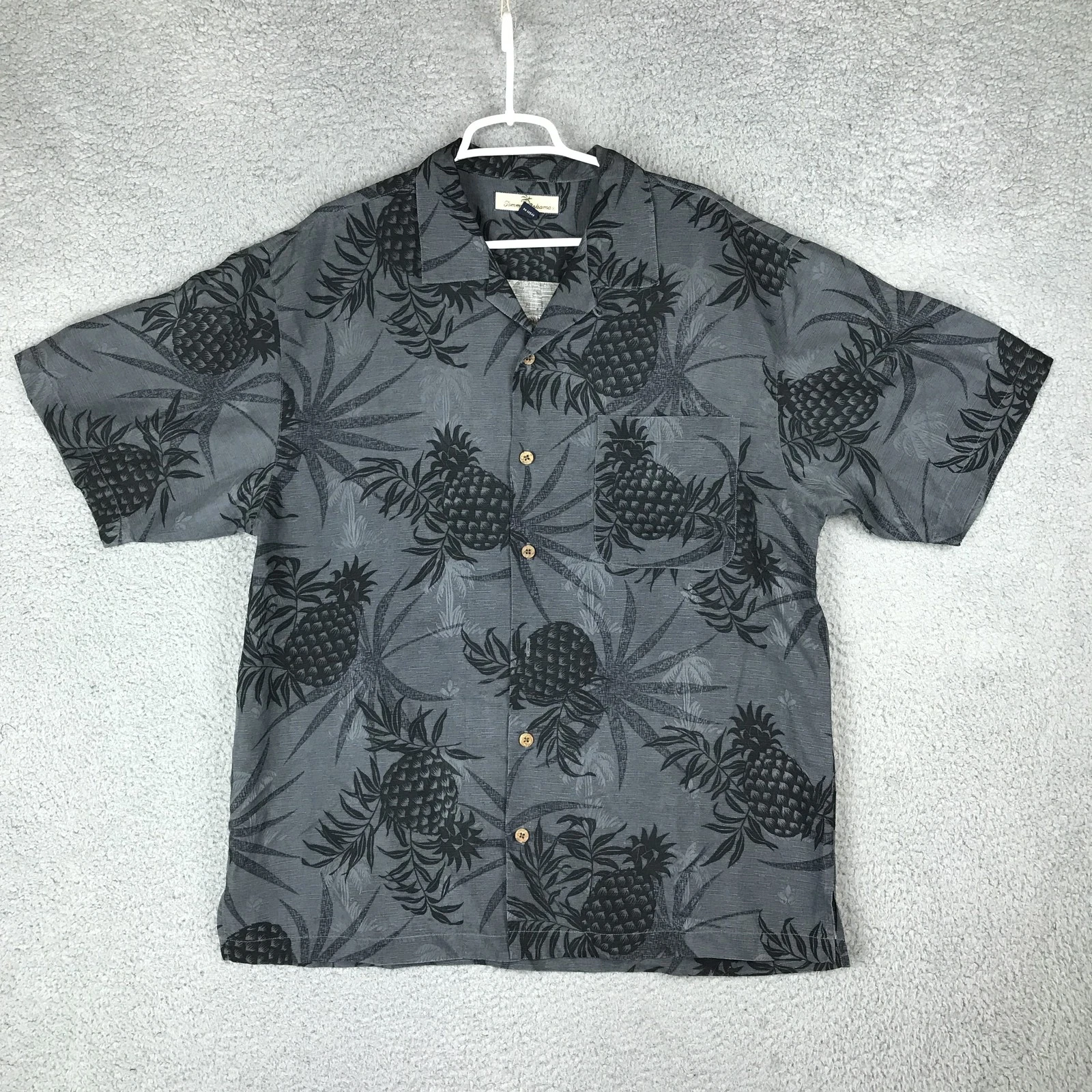 Tommy Bahama Shirt Mens Large Gray Silk Pineapple Hawaiian Button Up Casual