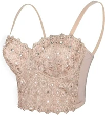 Women's Natural Reigning Lace Rhinestone Bustier Crop Top Sexy Mesh Corset Top