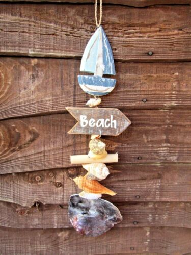 Hand Carved Made Wooden Shabby Boat Ship Shell Sea Beach Hanging Wall Art Mobile