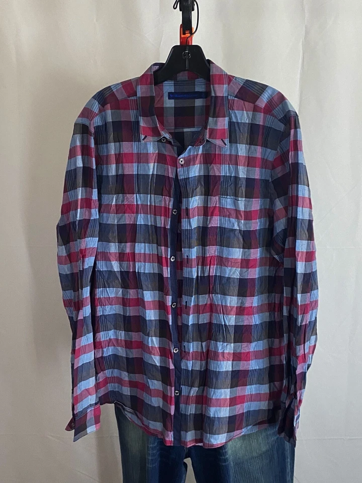 CAMISA MANGA LARGA Moderna Diversión Roja Azul Cuadros Grande L Delgada 16.5x35/36  Foto 4 de 4