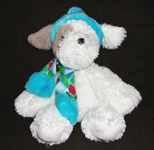 HugFun White Puppy Dog Plush With Blue Hat Scarf  Stuffed Animal - 12" Sitting