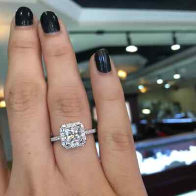 Halo Engagement Ring 2.Ct Princess Cut White Moissanite 14k White Gold Size 6