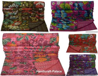 Vintage Reversible Kantha Quilt Throw Blanket – Twin Size, 100% Cotton, Floral Pattern
