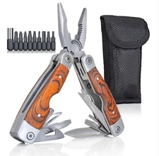 MAXAM Stainless Steel Multi-Tool With Wood Handle And Storage Pouch