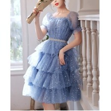 Women Mesh Tiered Dress Glitter Stars Sequins Knee Length Princess Evening Gown