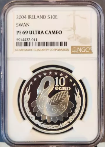2004 IRELAND SILVER 10 EURO S10E SWAN NGC PF 69 ULTRA CAMEO BEAUTIFUL COIN