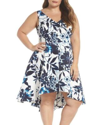 ELIZA J Plus Size 20W Navy & Ivory Floral Hi-Lo V-neck Dress NWT $208