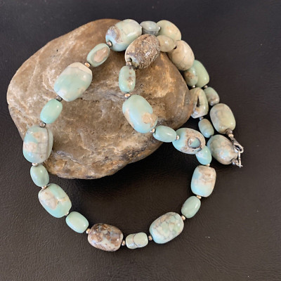 Native Blue Turquoise Bead Navajo Pearls Sterling Silver Necklace 20'' 12965