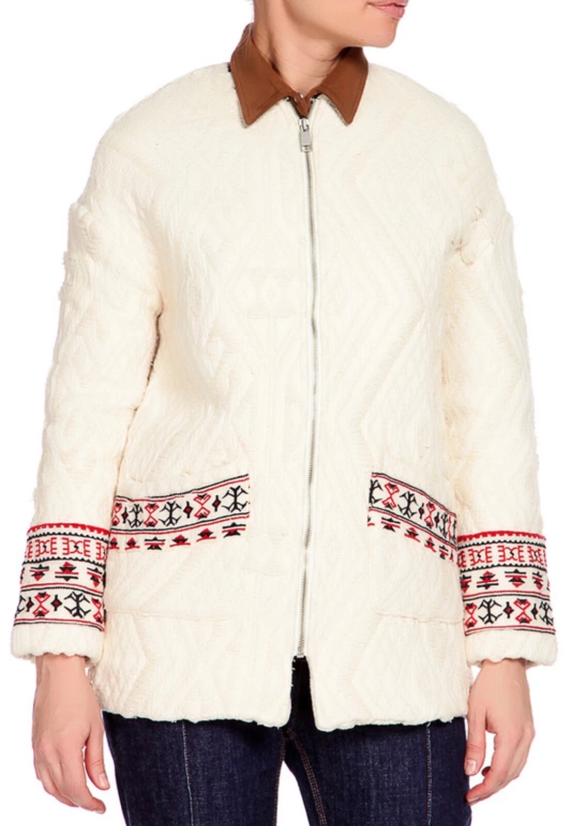 NWT Mango Embroidered Cotton Zip Up Boho Jacket Cream Red Size USA XS