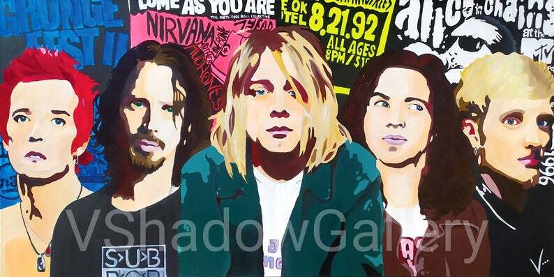 90s grunge band icons hand painted poster PRINT NIRVANA, Pear jam