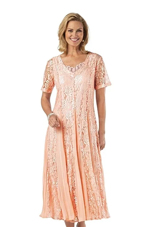 Elegante Vestido de Boda Madre de la Novia Hasta el Té Encaje Cuello Redondo Foto 3 de 4