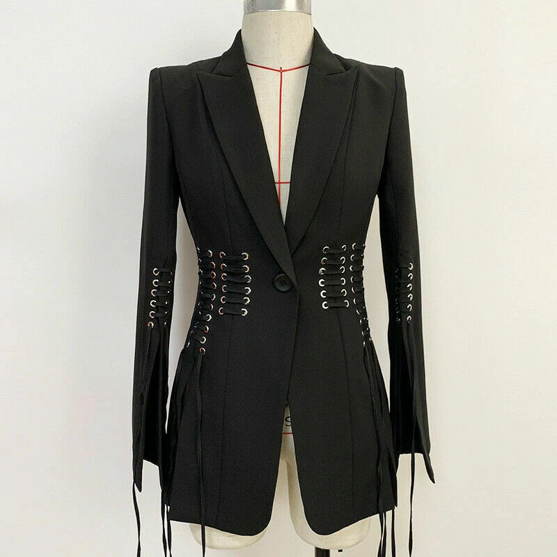 Women Lapel Collar Lace Up Formal Suit Split Blazer One Button Elegant Suit Coat