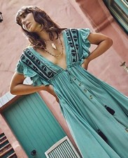 Free People NWT Boho Beach Comber Green Embroidered Midi Dress MSRP 168 Sz XS
