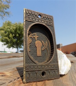 Brass Pocket Door Flush Pull Broken Leaf Escutcheon, Vintage Eastlake Hardware