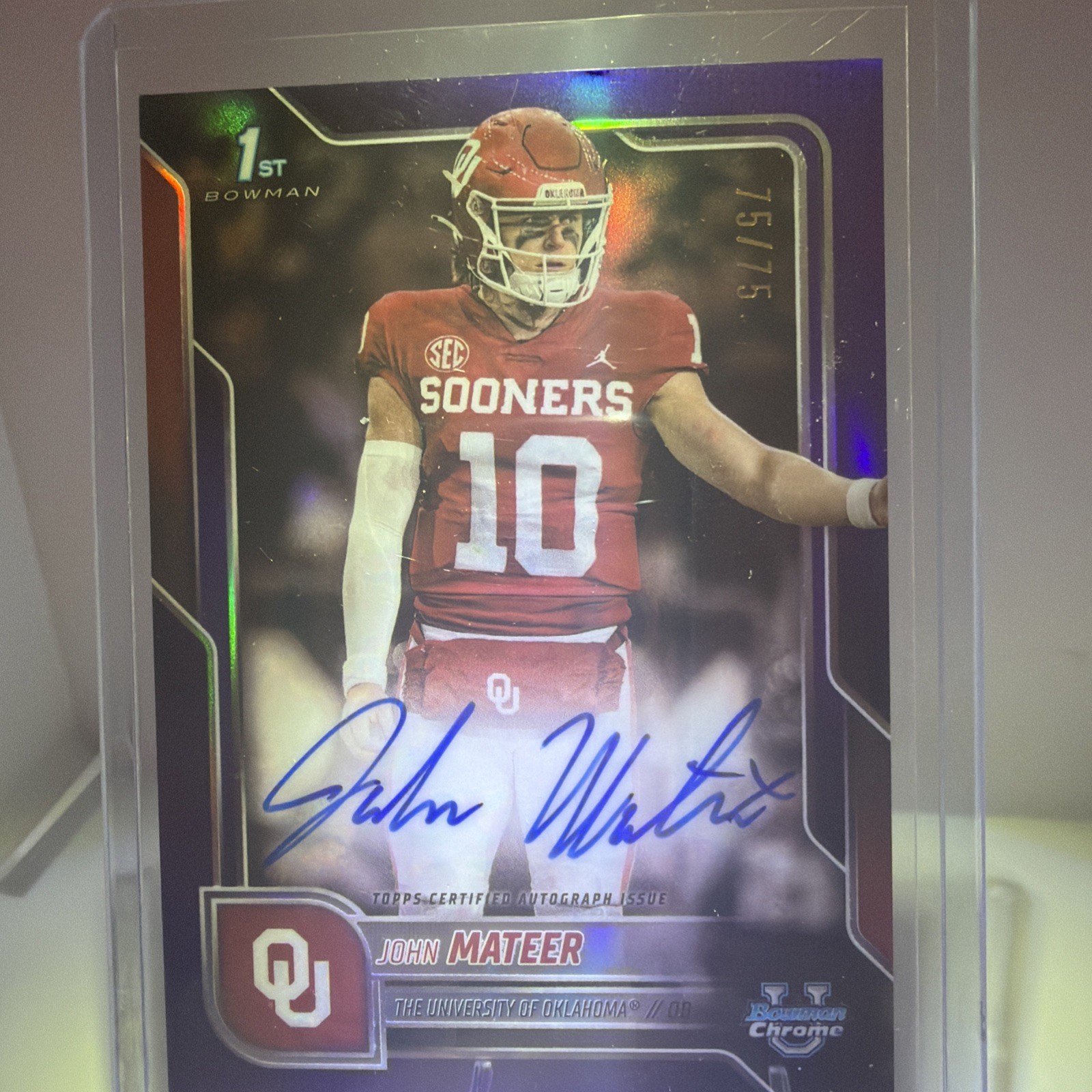 John Mateer - 2025 Bowman U Chrome Purple Auto /75 ON-CARD 1st Oklahoma BCA-JM