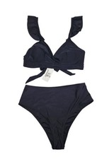 Womens Black Ruffle Bikini Set Tie-Front Top  High-Waisted Bottoms Size L