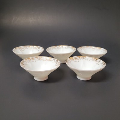 Set of 5 Fine Porcelain Pedestal Open Salt Cellars White with Gold Floral Design