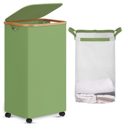 100L Green Laundry Basket Wheels Tall Rolling Hamper Lid Removable Bag Wash