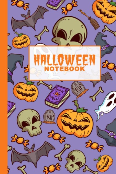 Notizbuch 6X9 Zoll, 110 Seiten, Blau Linierte Seiten, Halloween Design, Doodle-image
