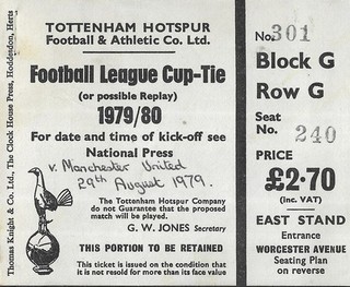 Tottenham Hotspur v Manchester United. Ticket Stub. 1979 1980 League Cup R2