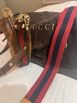 Gucci Brown Suede Crescent Shoulder Bag Web Stripe Zip Adjustable Strap Dust Bag