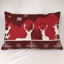 Winter Scene Tapestry Pillow – Reindeer & Snowflakes