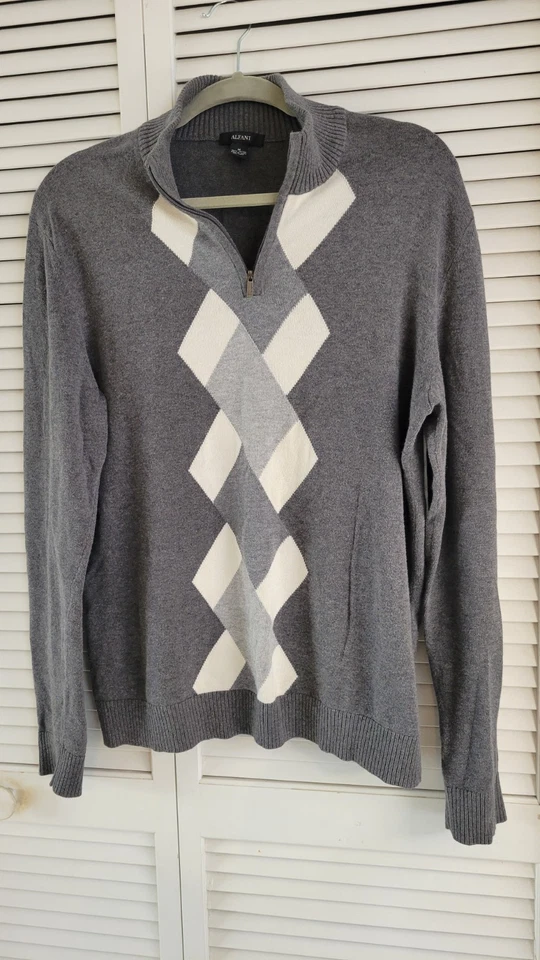 Suéter Alfani, Para Hombre Talla Mediana, Gris Blanco, Pullover, 1/4 Cremallera Foto 2 de 4