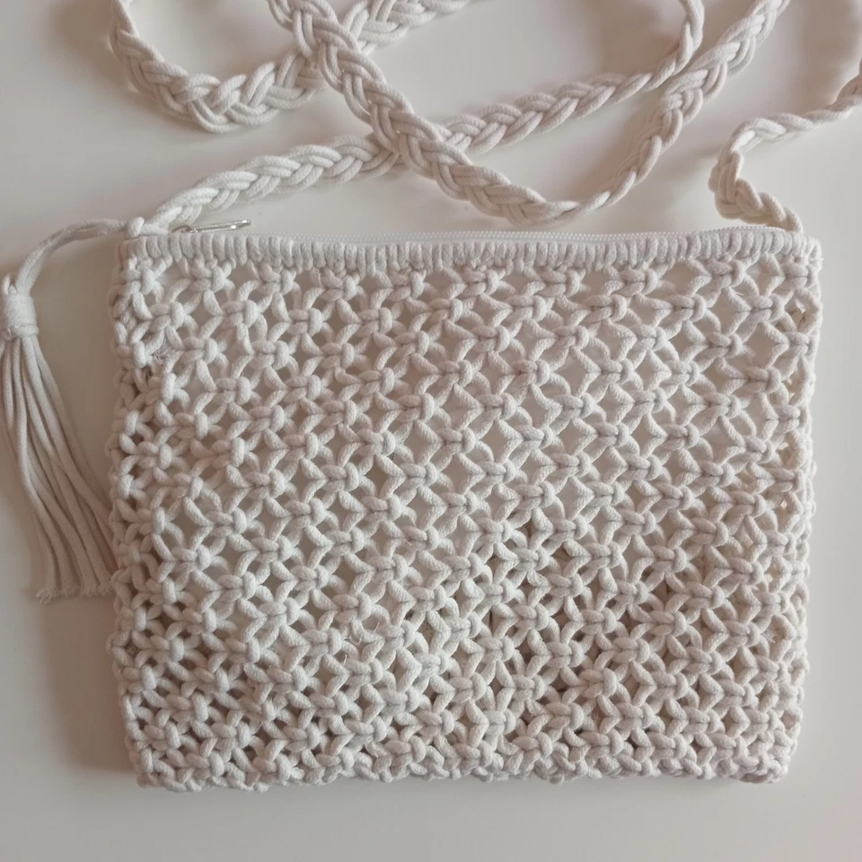 Macrame Style Crossbody Bag In Ivory Cream with Tassels Long Strap Zip Fastening - Image 2 of 4