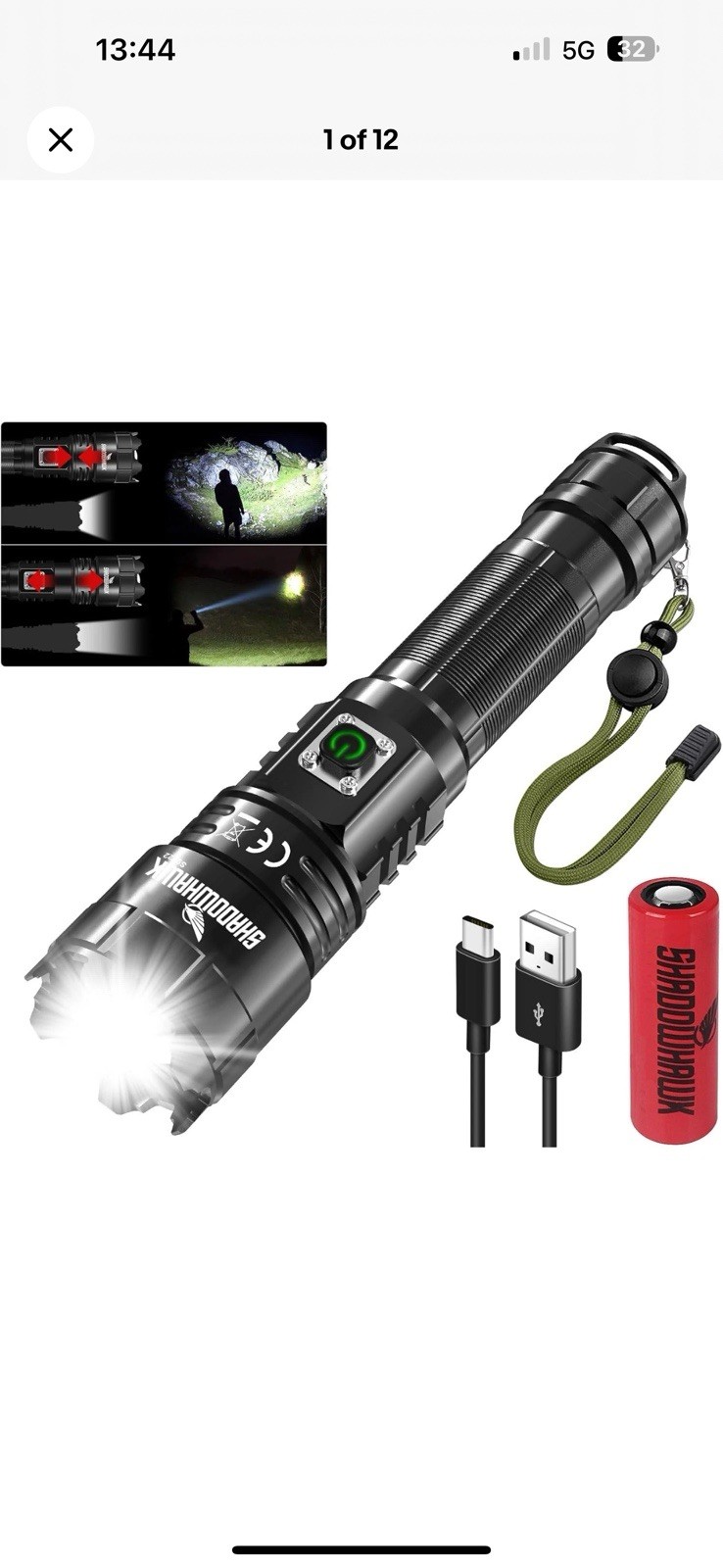 Shadowhawk Torche LED Super Bright, 500000 Lumens Rechargeable Camping Fishing