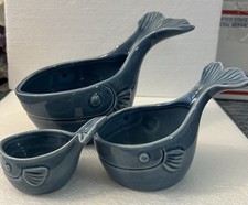 Grasslands Road Coastal Blue Sculpted Ceramic Whale Bowls Measuring Cups Set 3