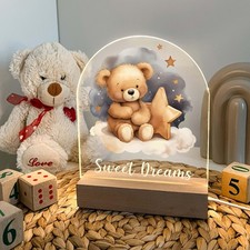 Teddy Bear Frame Night Light Up Table Wood Base Desk Stand Plaque Nursery Dec...