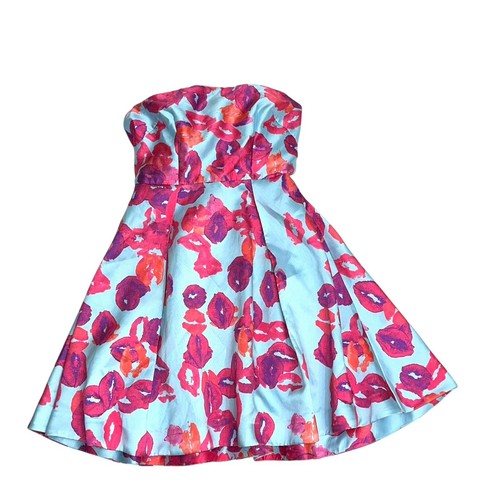 Monique Lhuiller Strapless Pucker Up Dress Size 12 Blue Multi Color Cocktail