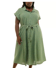Nina Leonard Plus Size 3X Button Down Midi Shirt Dress Sage Green Gold Polka Dot