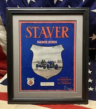 Vintage 1911 Staver March Antique Sheet Music Auto Racing Carriage Co.Framed