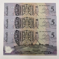 3x 1992 (R214) $5 Five Dollar Consecutive Notes - Uncirculated - Fraser / Cole